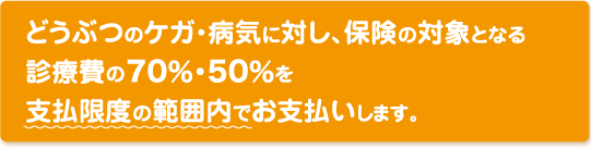 どうぶつ(*1)のケガ・病気に対し、保険の対象となる診療費の90%・70%・50%(*2)を支払限度の範囲内でお支払いします。 通院・入院の支払限度日数が無制限!