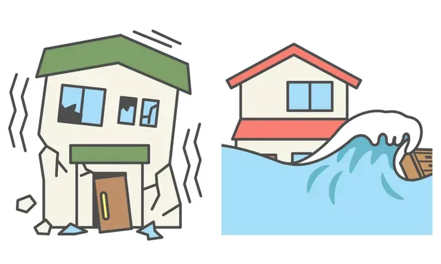 イメージ:地震によって損害を受けている戸建て住居と津波に飲み込まれている戸建て住居