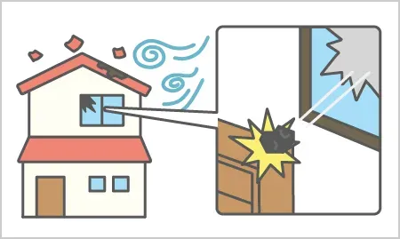 イメージ:強風で大きな石が飛んできて、家の窓ガラスを突き破り家具に激突した