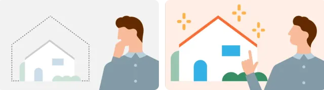 築年数分の減価を差し引いた「時価」ではなく、同等の家を新築で建て直せる金額をお支払いする「新価」で建物の保険金額をご提案しているイメージ画像