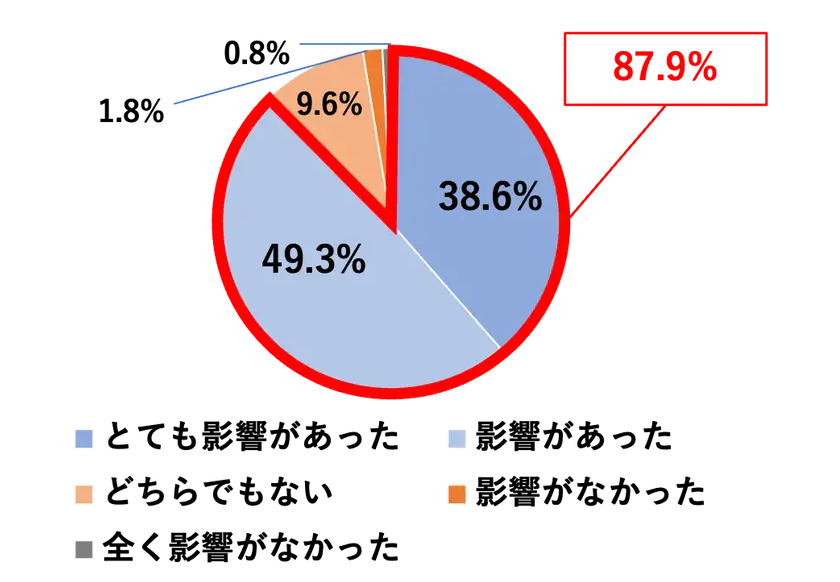 円グラフは『2023年の値上げが家計に影響を与えたか』という質問に対する回答結果を示しています。『とても影響があった』が38.6%、『影響があった』が49.3%、『どちらでもない』が9.6%、『影響がなかった』が1.8%、『全く影響がなかった』が0.8%です。