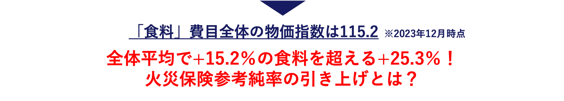 「食料」費目全体の物価指数は115.2(2023年12月時点)。全体平均で+15.2%の食料の値上げを超える、+25.3%の火災保険参考純率の引き上げについて解説する内容が示されている。