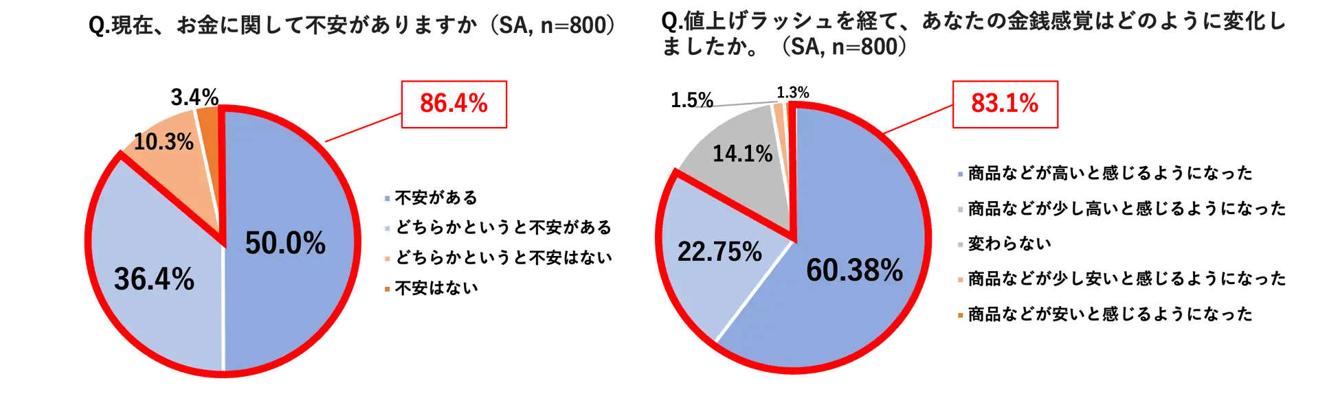 Q. 現在、お金に関して不安がありますか(SA, n=800):不安がある 50.0%、どちらかというと不安がある 36.4%、どちらかというと不安はない 10.3%、不安はない 3.4%、合計86.4%が不安を感じている。Q. 値上げラッシュを経て、あなたの金銭感覚はどのように変化しましたか(SA, n=800):商品などが高いと感じるようになった 60.38%、商品などが少し高いと感じるようになった 22.75%、変わらない 14.1%、商品などが少し安いと感じるようになった 1.3%、商品などが安いと感じるようになった 1.5%、合計83.1%が価格上昇を実感。