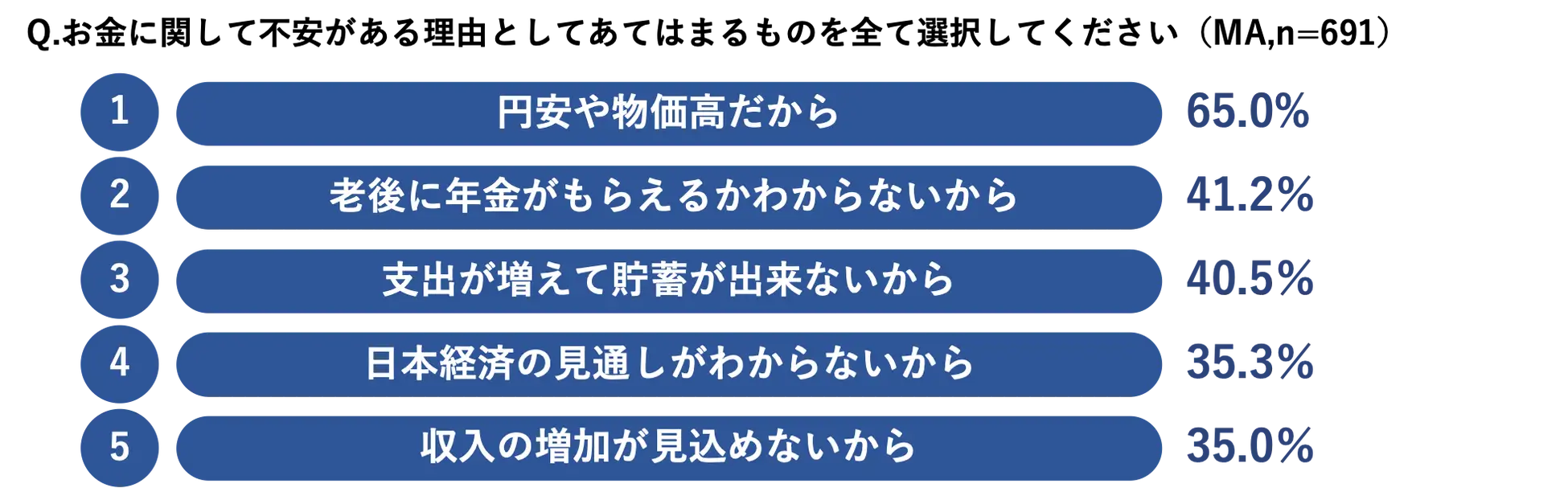 Q. お金に関して不安がある理由として当てはまるものを全て選択してください(MA, n=691):1位 円安や物価高だから 65.0%、2位 老後に年金がもらえるかわからないから 41.2%、3位 支出が増えて貯蓄が出来ないから 40.5%、4位 日本経済の見通しがわからないから 35.3%、5位 収入の増加が見込めないから 35.0%。