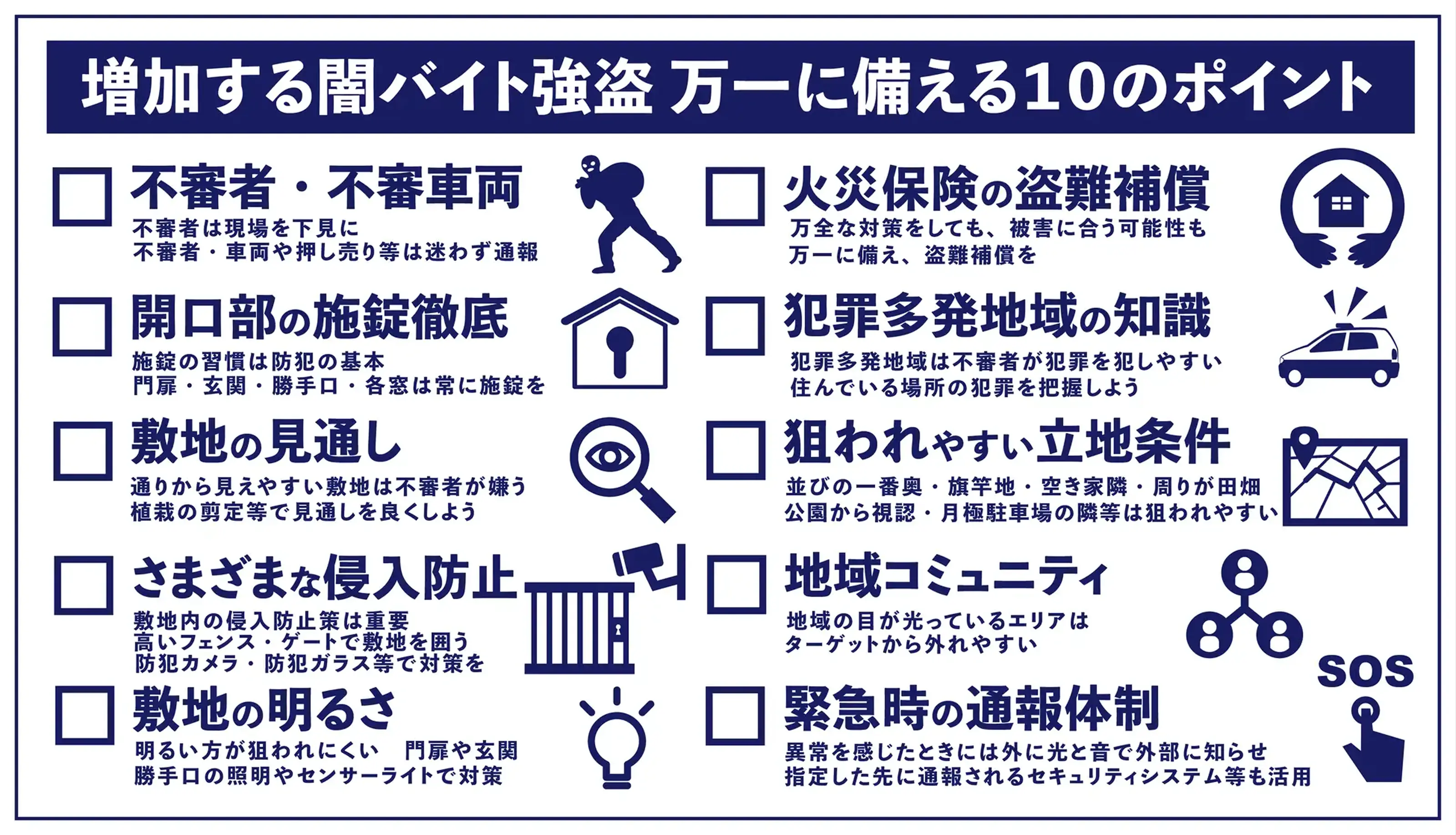 増加する闇バイト強盗万一に備える10のポイントのインフォグラフィック。不審者・不審車両のチェック、開口部の施錠徹底、敷地の見通し、侵入防止、火災保険の盗難補償など10項目をアイコン付きで表示