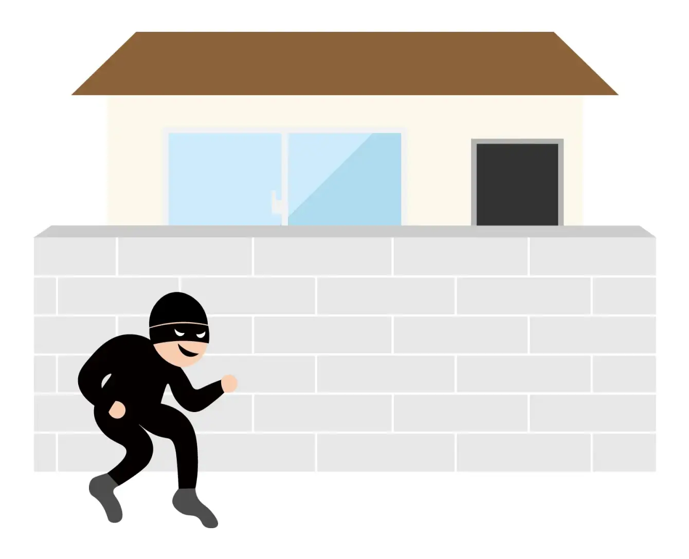 不審者・不審車両をチェックするイラスト。家の前を忍び足で歩く黒い服装の不審者