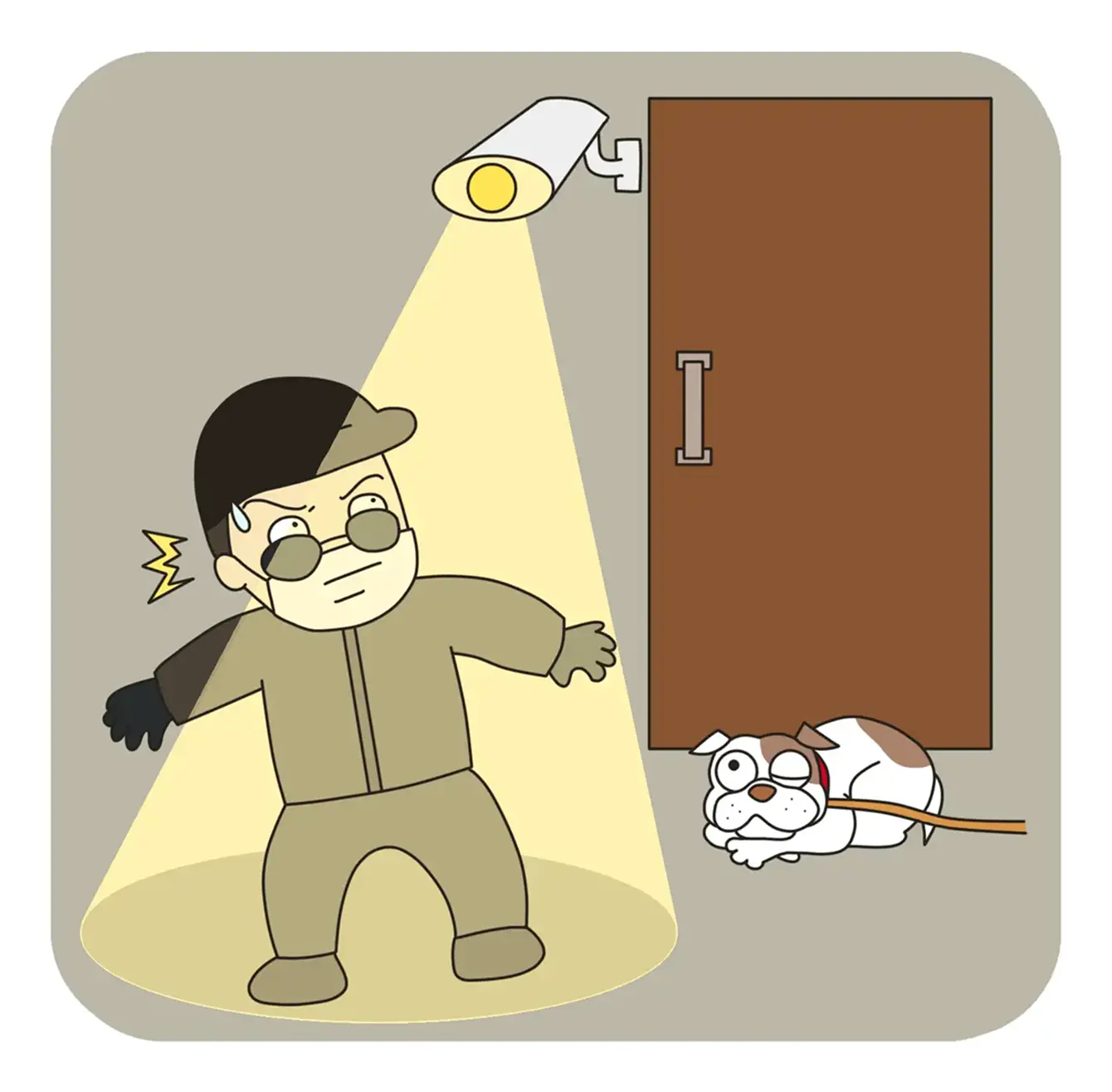 敷地の見通しと明るさ対策のイラスト。センサーライトに照らされて驚く不審者と、番犬が警戒している様子