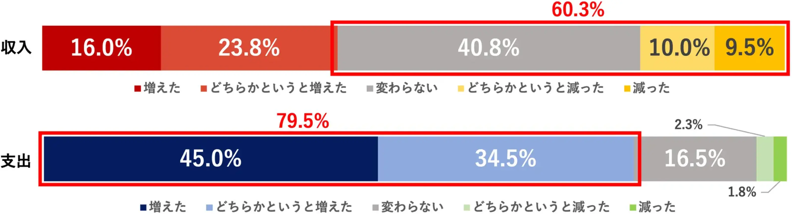 2024年の1年間の家計の収入・支出変化。収入:増えた16.0%、どちらかというと増えた23.8%、変わらない40.8%、どちらかというと減った10.0%、減った9.5%。支出:増えた45.0%、どちらかというと増えた34.5%、変わらない16.5%、どちらかというと減った2.3%、減った1.8%。60.3%が収入増加なし、79.5%が支出増加