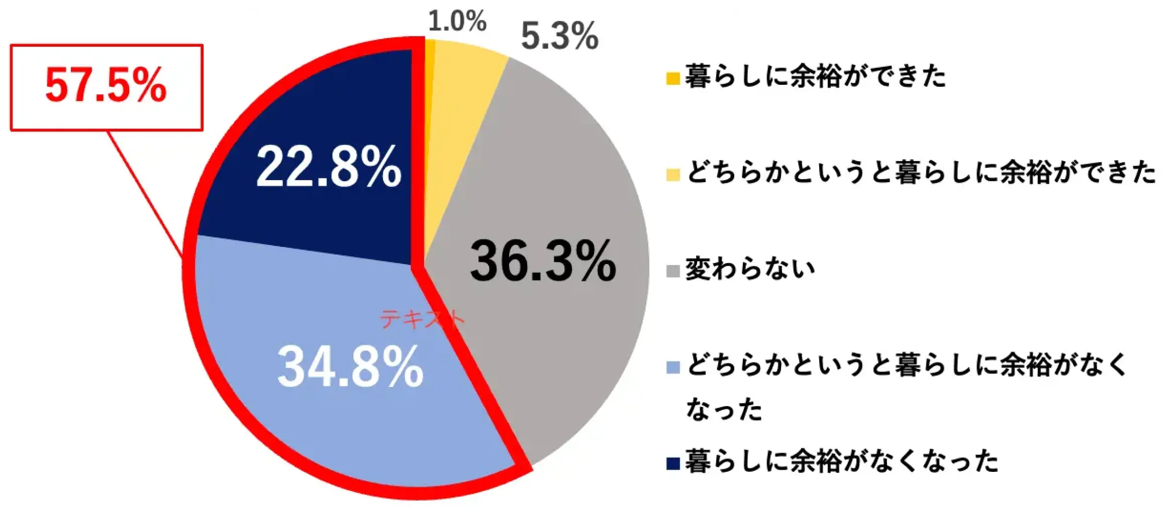 2023年と比較した2024年の暮らしについての調査結果。暮らしに余裕ができた1.0%、どちらかというと暮らしに余裕ができた5.3%、変わらない36.3%、どちらかというと暮らしに余裕がなくなった34.8%、暮らしに余裕がなくなった22.8%。57.5%が暮らしに余裕がなくなったと回答
