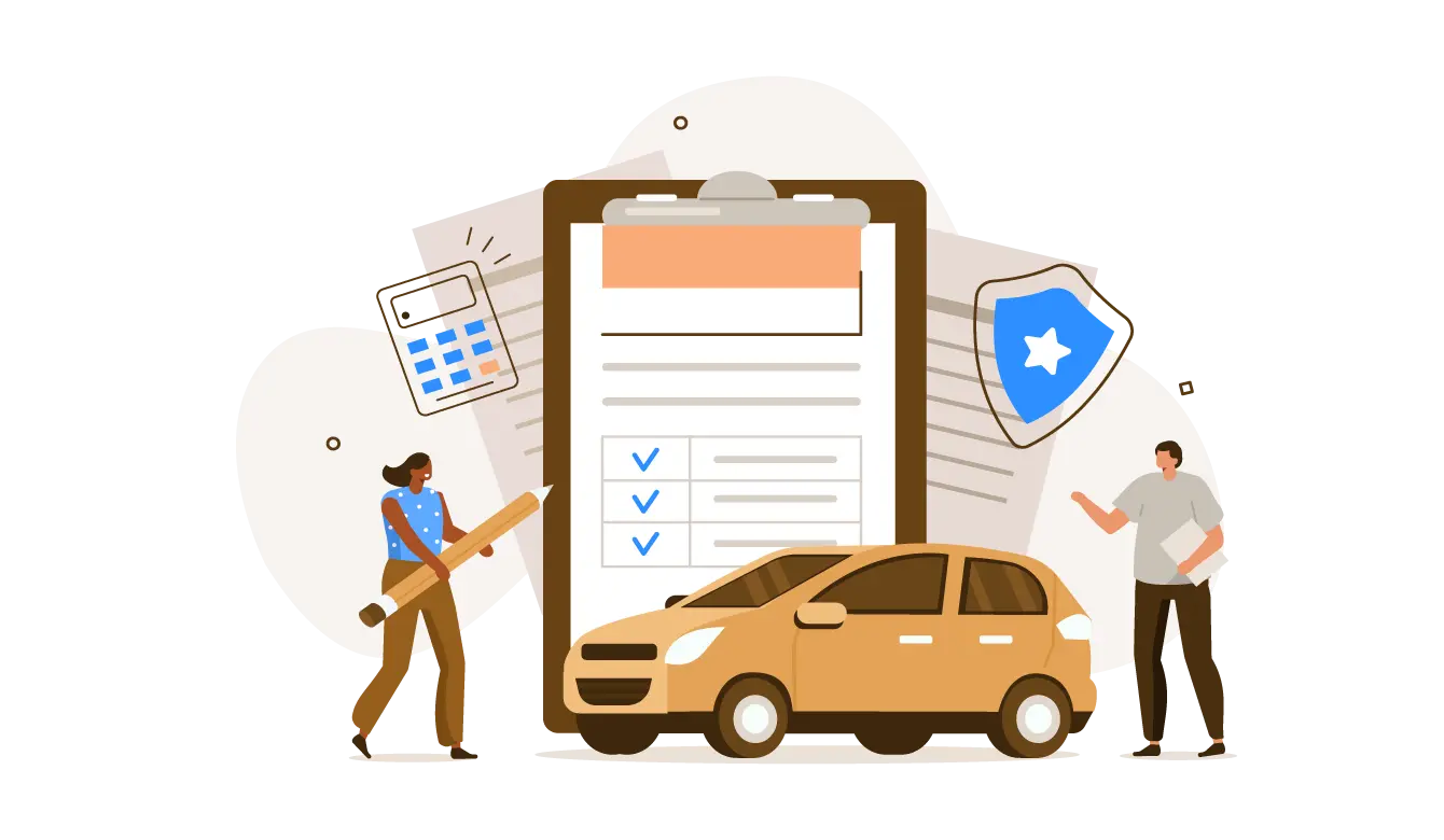 �`�F�b�N���X�g�̏��ނƎԁA���̃A�C�R����w�i�Ɏ葱�����s���l���̃C���X�g�B�����ԕی��̖��`�ύX�葱�����C���[�W�����}