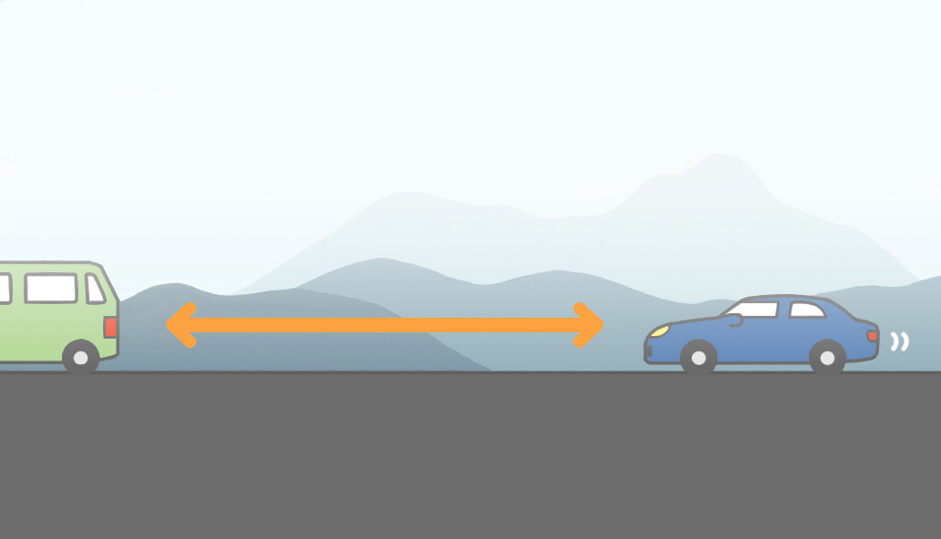 イラスト：スピードを緩め、車間距離を十分に保ちましょう。