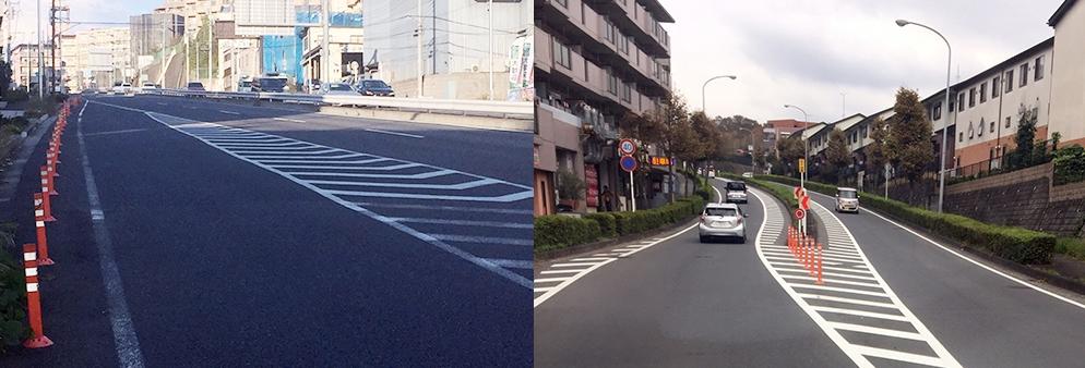 車線の合分流ポイントや障害物の前の導流帯