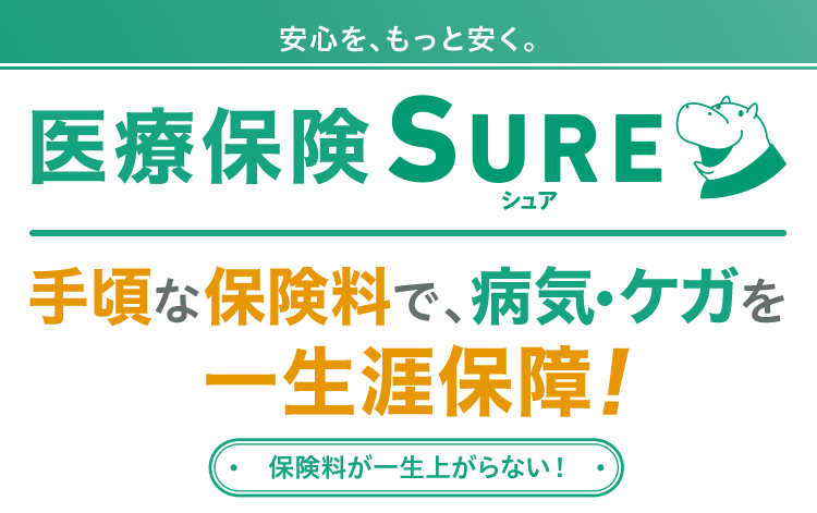 安心を、もっと安く。 医療保険 シュア(SURE) 手頃な保険料で、病気・ケガを一生涯保障! 保険料が一生上がらない! 先進医療技術料と同額を通算2,000万円まで保障 もちろん、がんを含む7大生活習慣病もカバー