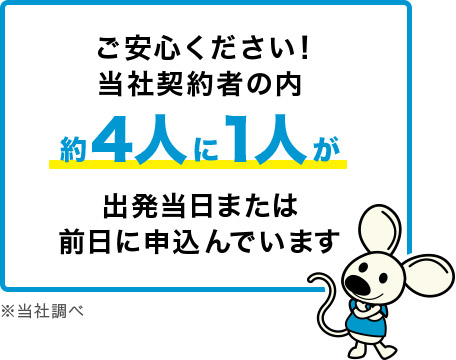 ご安心ください!当社契約者のうち約4人に1人が出発当日または前日に申込んでいます ※当社調べ