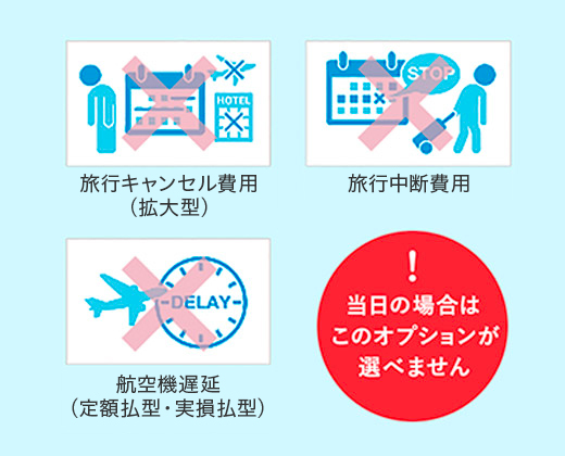 当日の場合はこのオプションが選べません 旅行キャンセル費用(拡大型) 旅行中断費用 航空機遅延(定額払型・実損払型)
