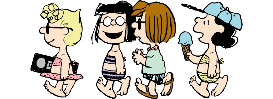 水着姿のピーナッツの女の子たちが横に並んで歩いている。左から順に、本を持つ女の子、紫の水着で笑顔の女の子、シャツを着た女の子、アイスクリームを持つ帽子の女の子。